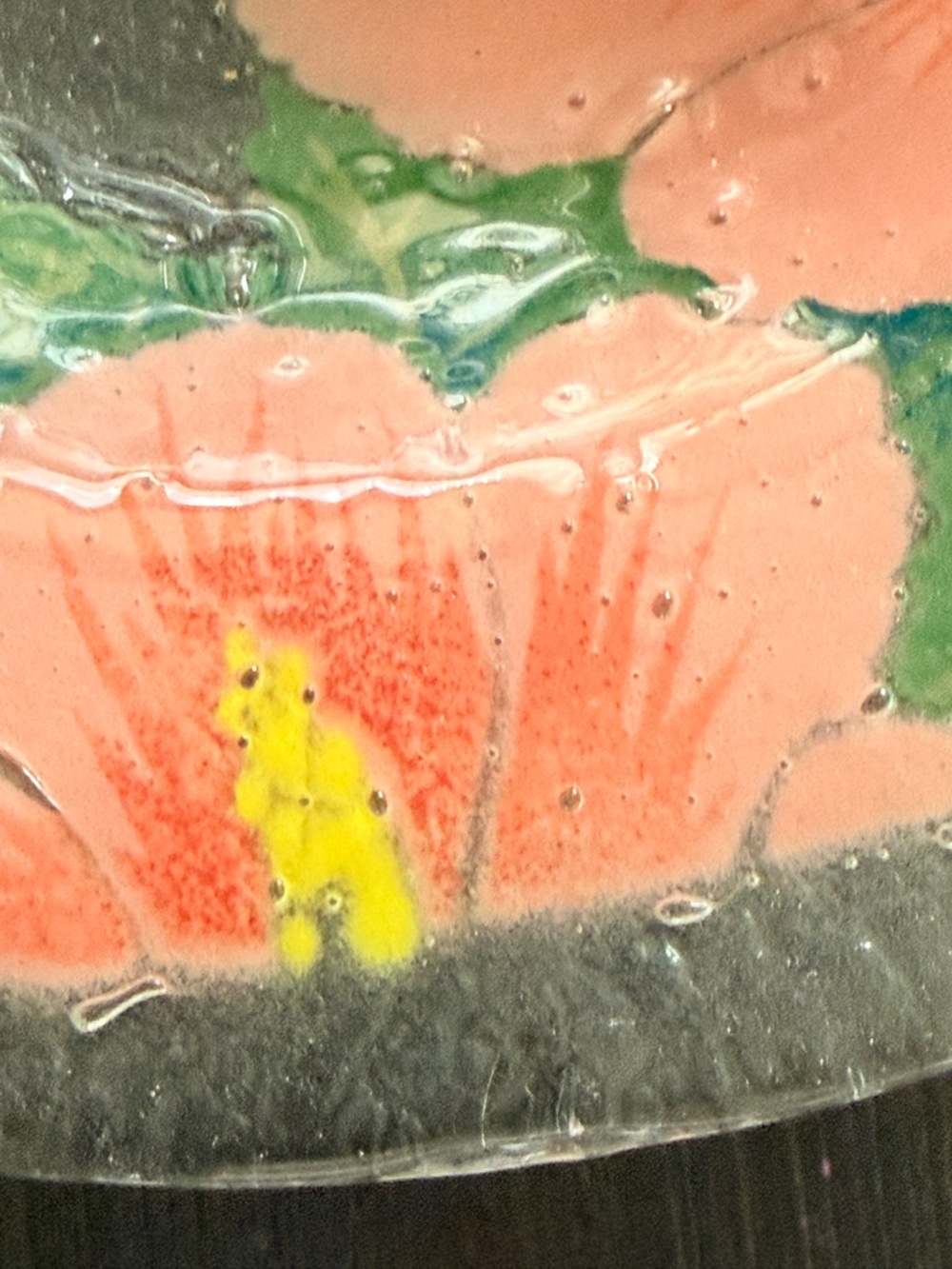 Peggy Karr Fused Glass Hummingbird Hibiscus Bowl 11" diameter 2" deep Signed - Picture 6 of 10